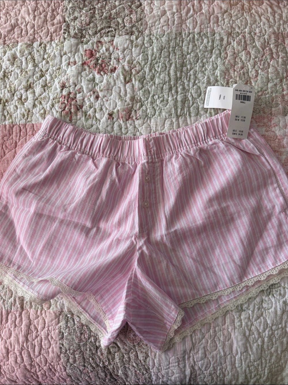 Hollister Pink & White Striped Lace-Trim Sleep Shorts